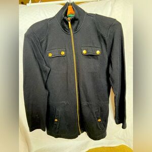 Lauren by Ralph Lauren Black Cardigan Sweater Gold Buttons & Zipper Size M NICE